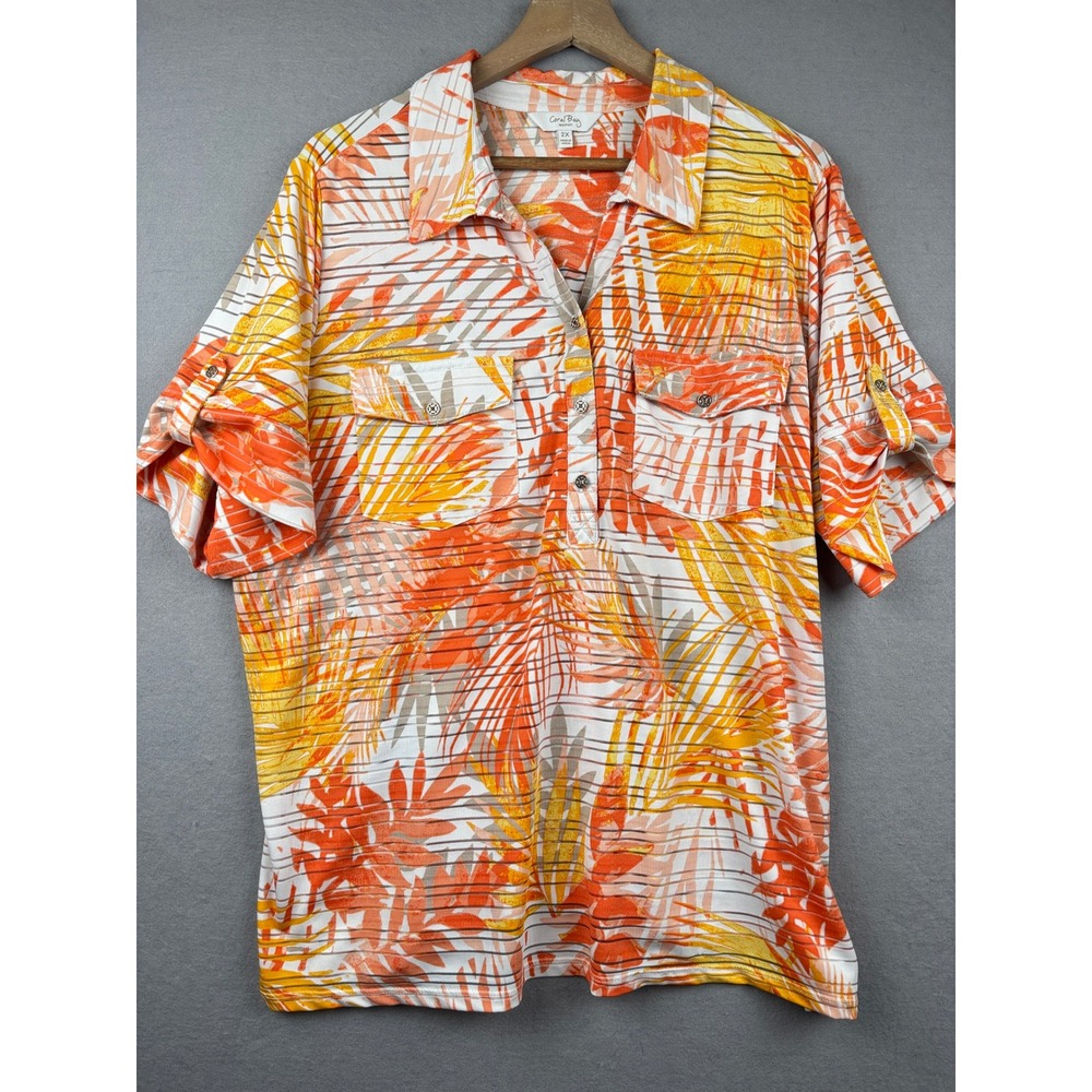 Coral‎ Bay Top Womens 2X Tropical Palm Print Casual Summer Boho Short Sleeve